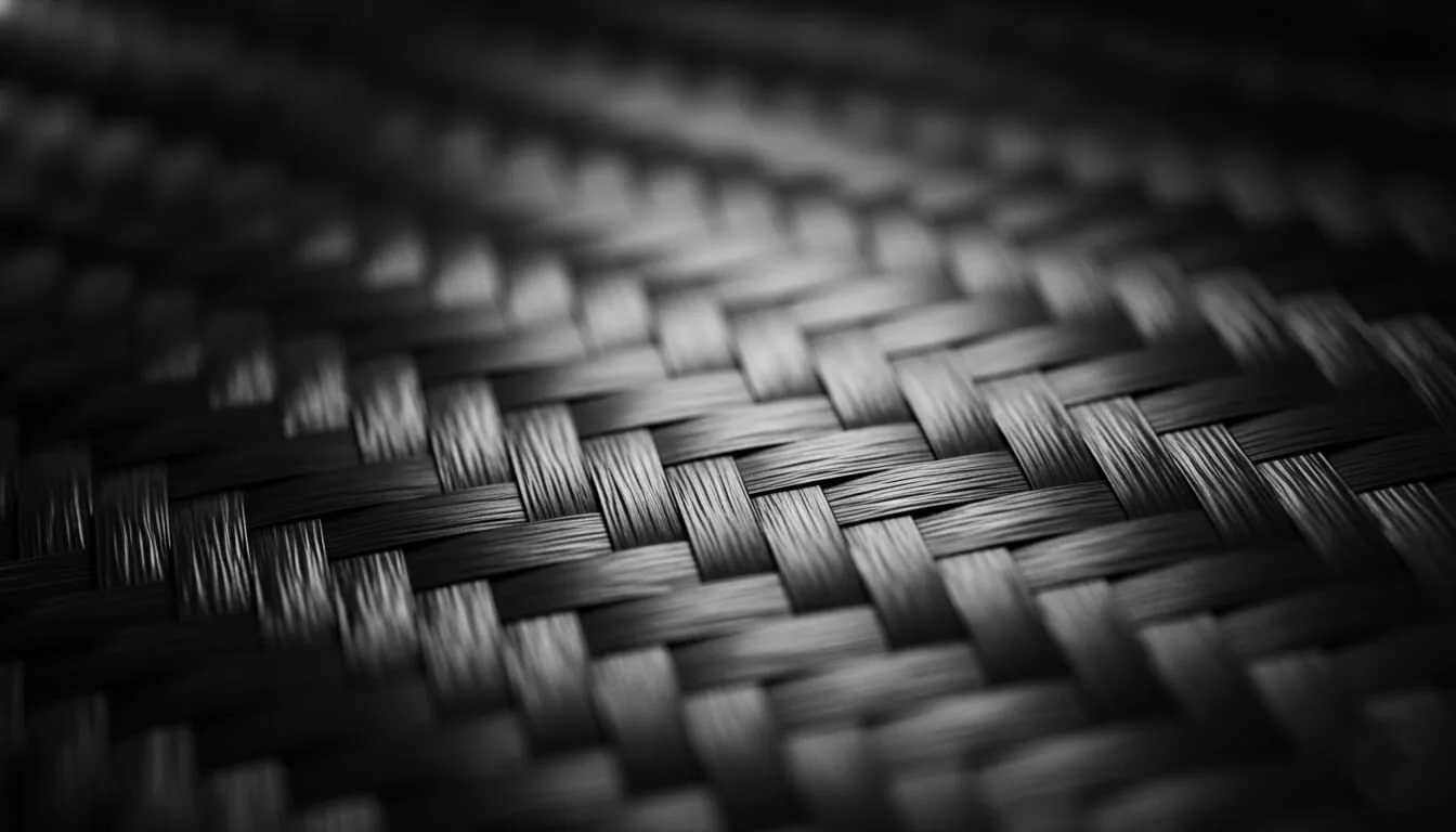 Macro photograph of interlaced black carbon fiber reinforcement strands