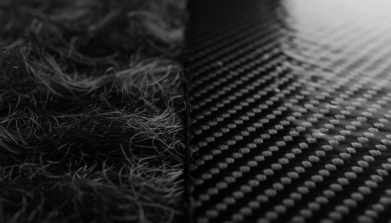 Loose black carbon filaments beside a woven carbon fiber material surface